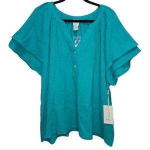 NWT Joie Blouse Teal Women Plus Size 1X Cotton Crinkle Flowy Flutter Sleeve NEW
